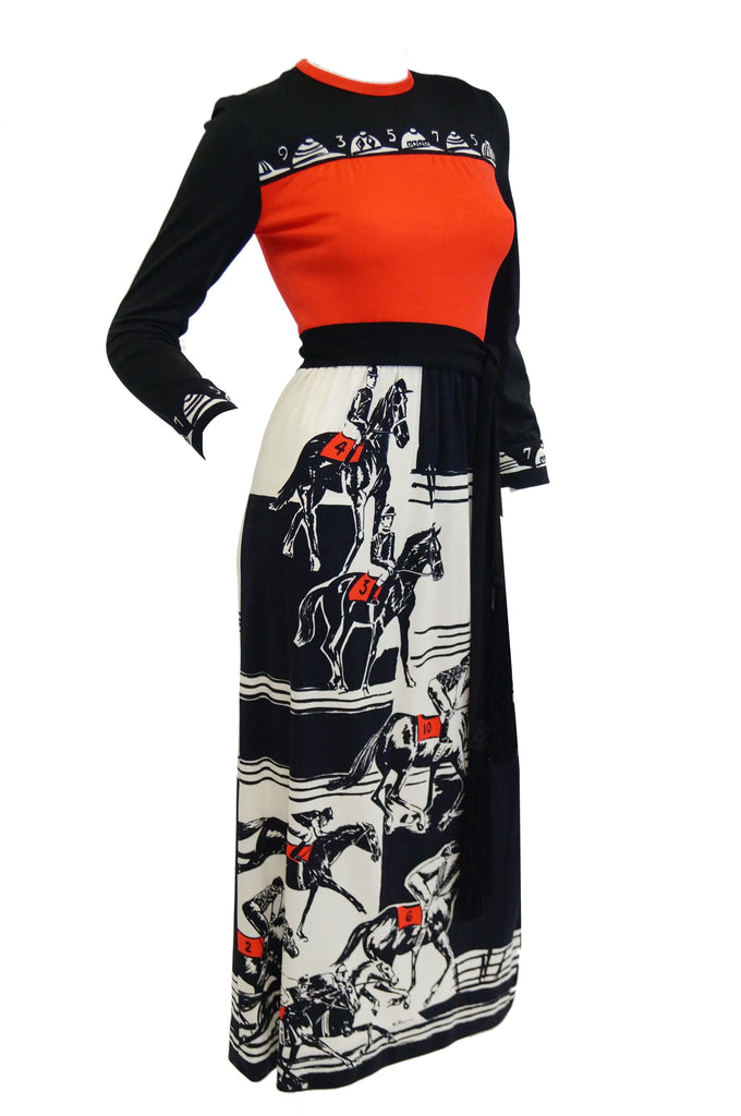 1960s Paganne Red and Black Racehorse Equestrian Print Maxi Dress