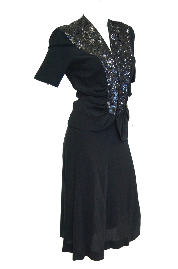 1940s Black Crepe and Sequin Cocktail Skirt and Blouse Set