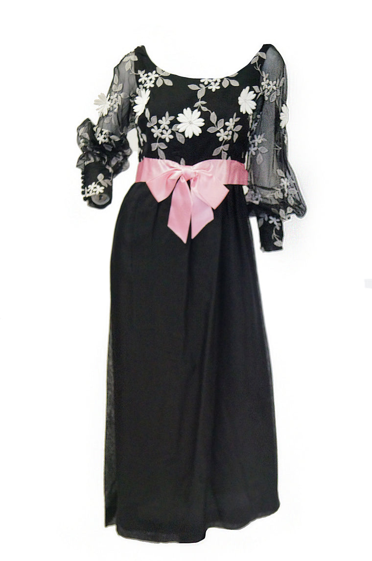 1960s Geoffrey Beene Black Evening Dress w/ White Floral Details & Pink Ribbon