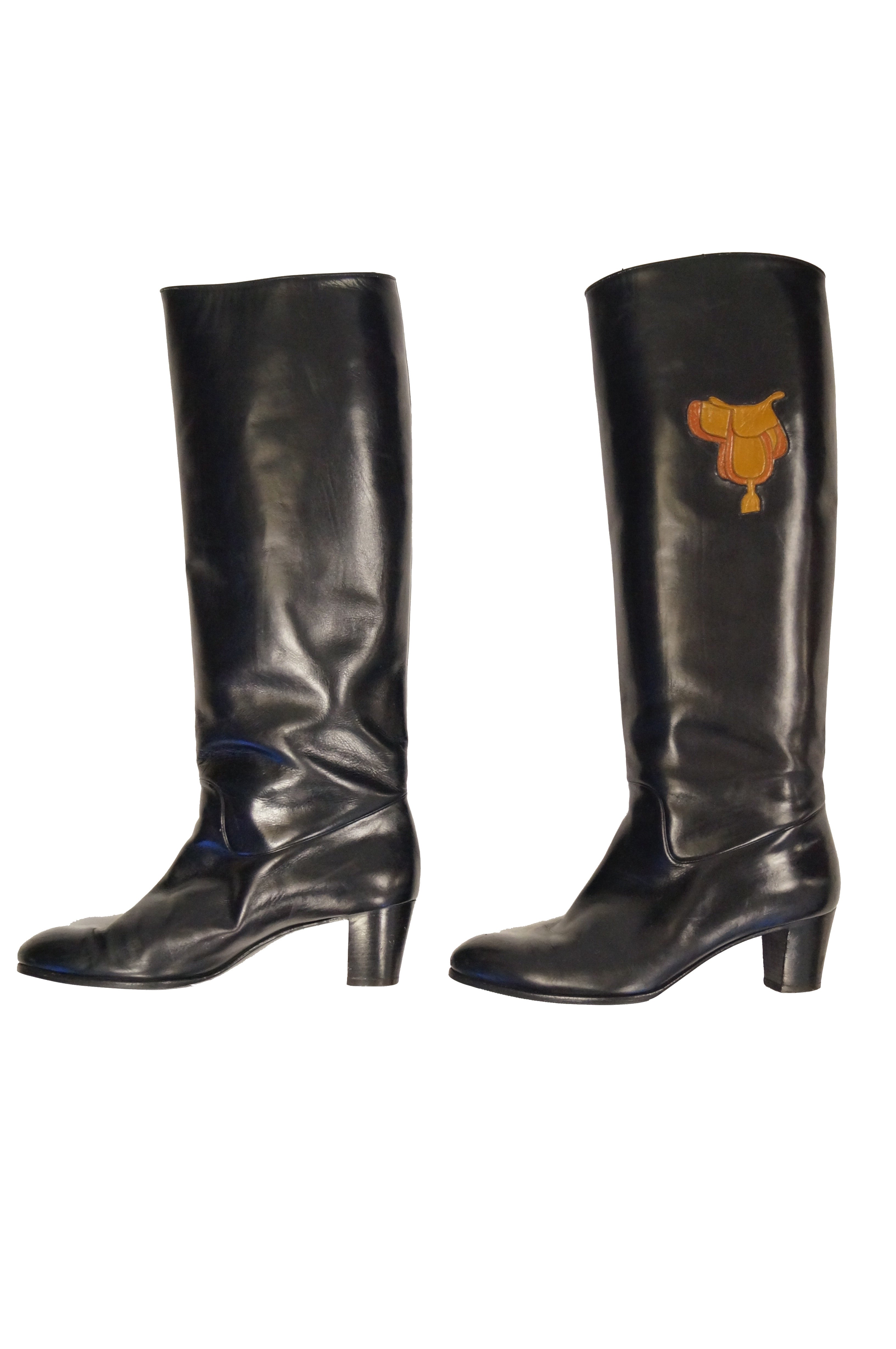 1980s Gucci Mahogany Leather Saddle Applique Boots - MRS Couture