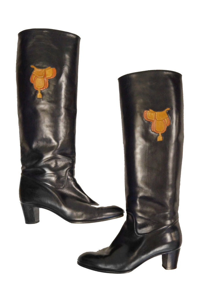 1980s Gucci Black Leather Equestrian "Saddle" Boots