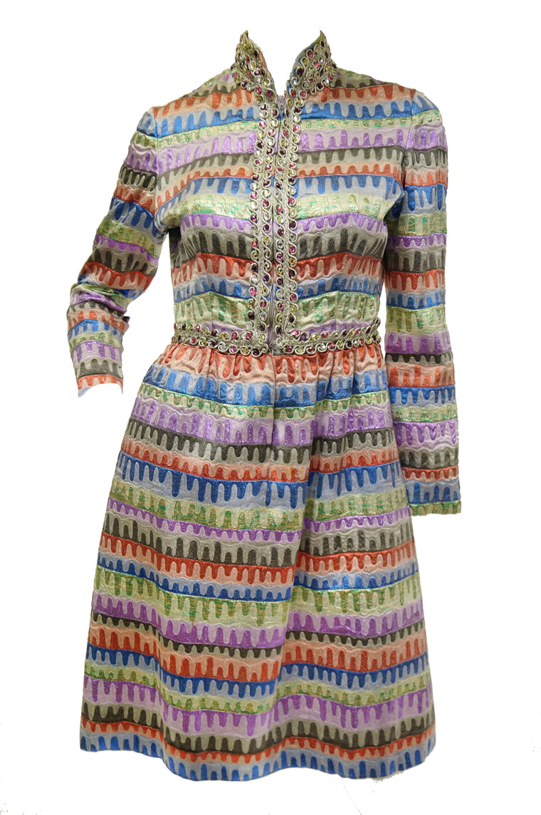 1960s Oscar de la Renta Rainbow Brocade Wave Cocktail Dress
