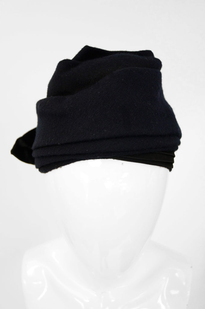 1950s Sally Victor Black Wool Bow Turban