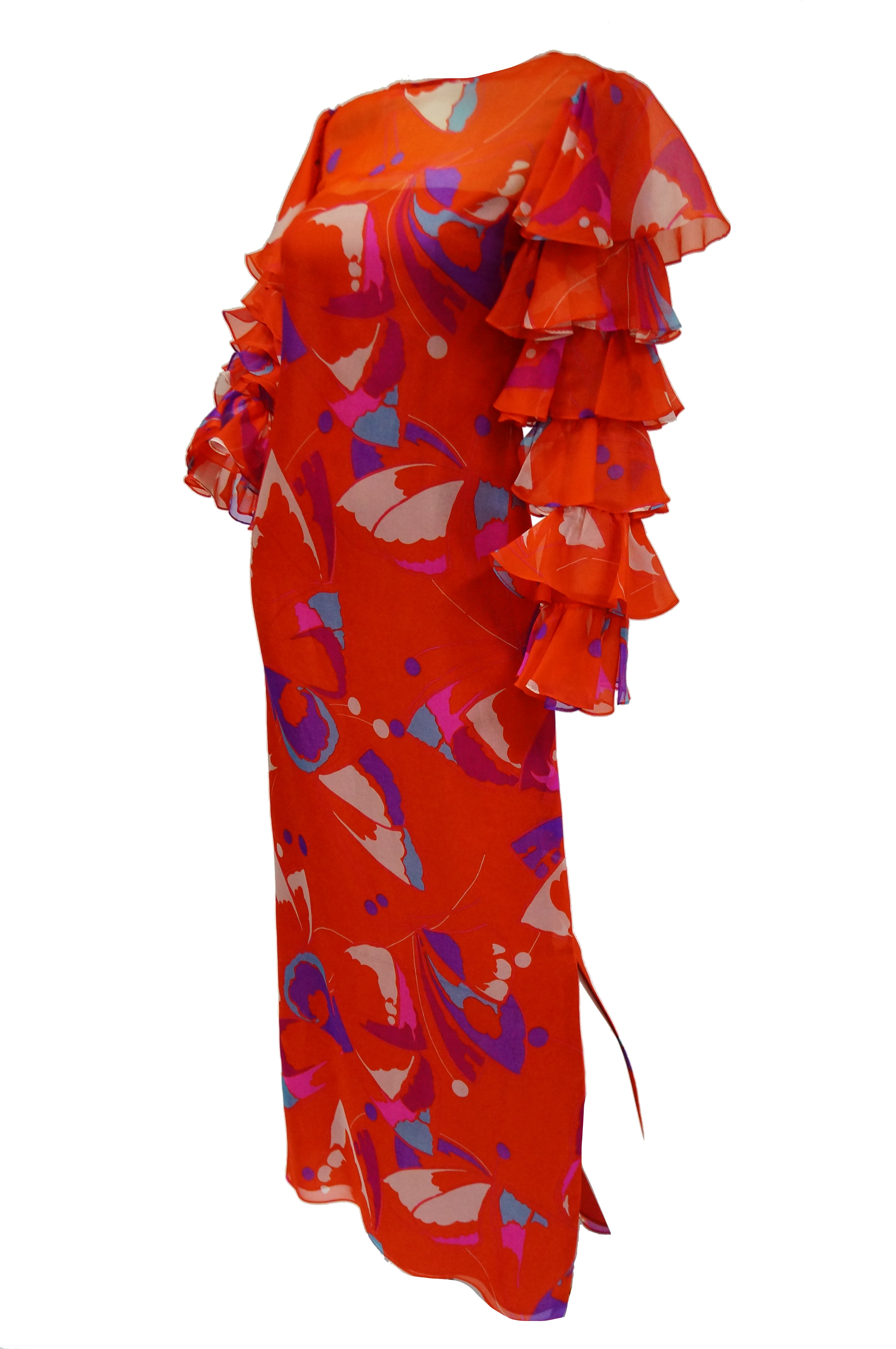1970s Red Geometric Print Maxi Dress with Flamenco Ruffle Sleeves
