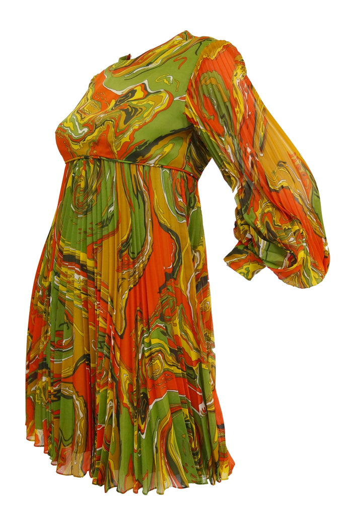 1960s Leo Narducci Multicolor Ebru Marbling Print Dress