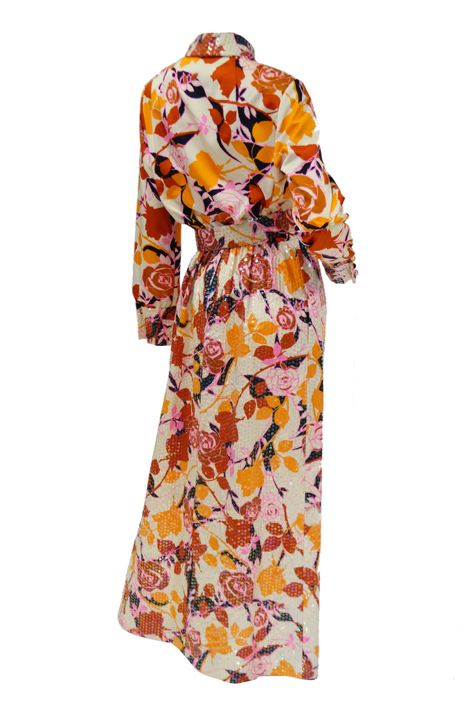 1970s Red and Orange Floral Sequin Maxi Dress