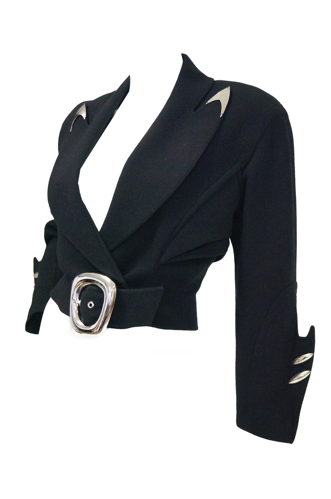 1980s Thierry Mugler Futuristic Black Wool Metal Fin Accent Jacket