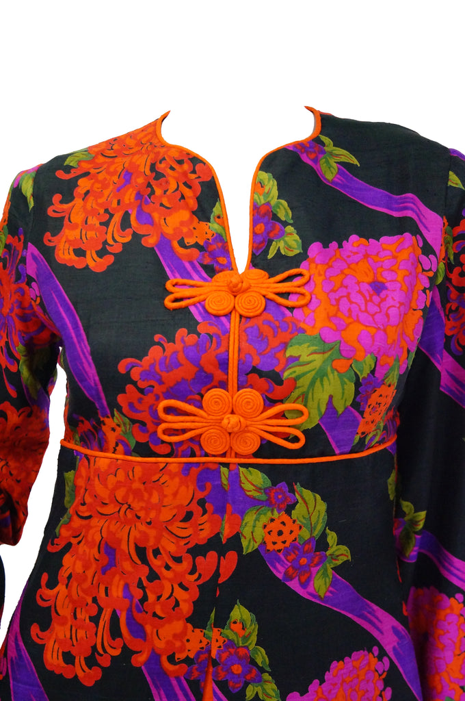 1960s Thai Silk Black, Purple, and Red Chrysanthemum Floral Maxi Dress