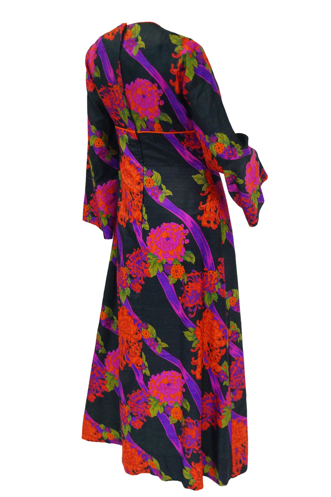 1960s Thai Silk Black, Purple, and Red Chrysanthemum Floral Maxi Dress