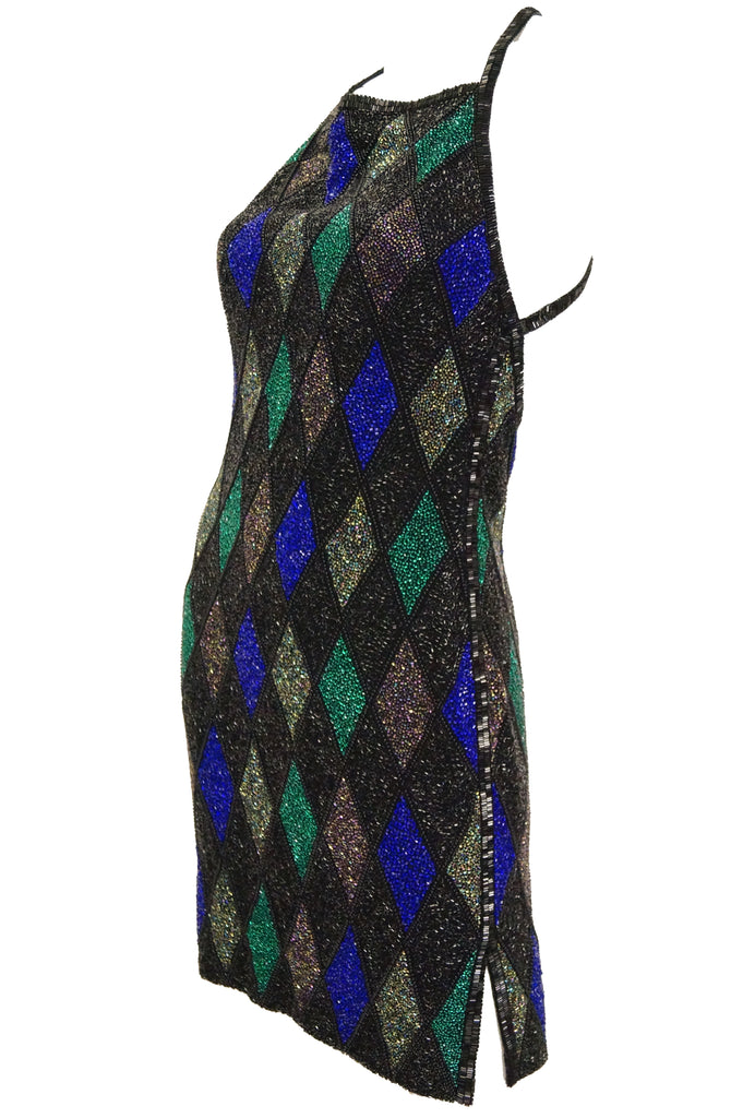 1990s Bob Mackie Beaded Black Blue and Green Diamond Cocktail Dress