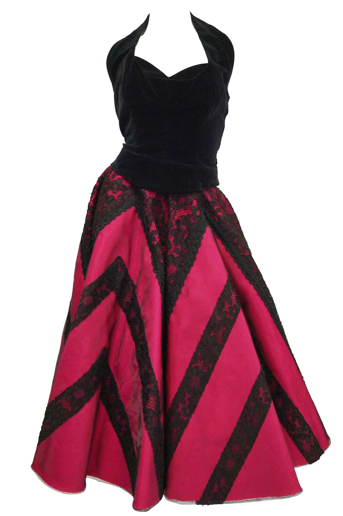 1950s Carol Antell Fuchsia Silk and Black Lace Velvet Skirt and Halter