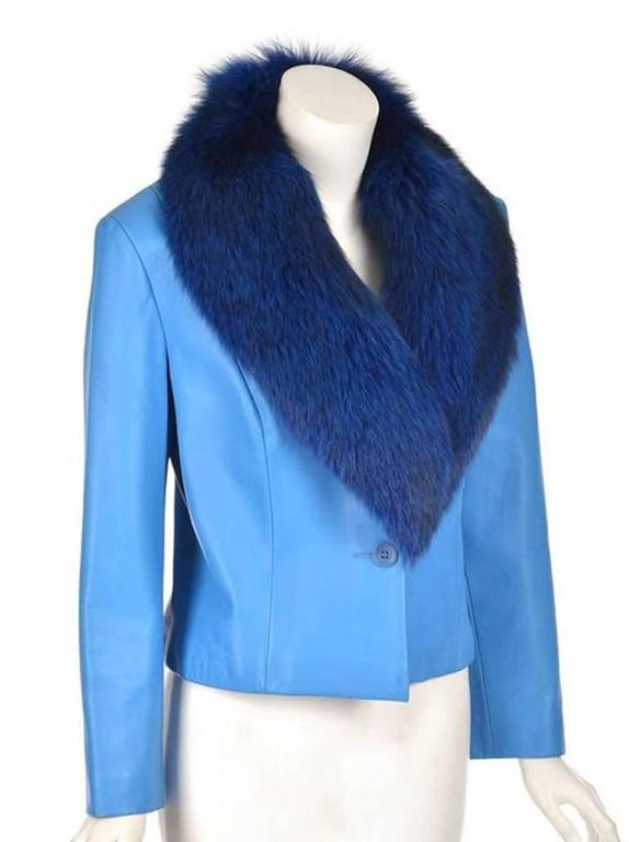 1990s Michael Hoban Blue Leather and Fox Fur Jacket