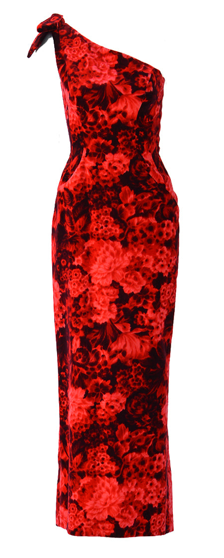 1960s Betty Carol Mam'Selle Red Floral Velvet Dress