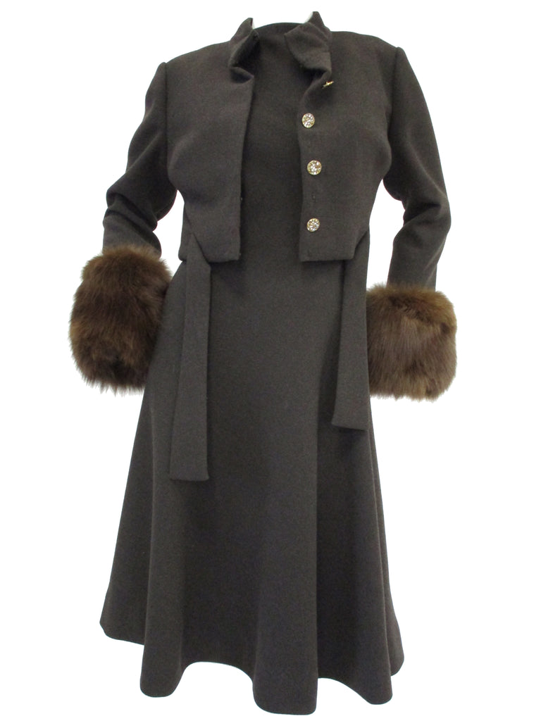 1960s Pauline Trigere Grey Wool Suit with Fox Fur Cuff & Rhinestone Details