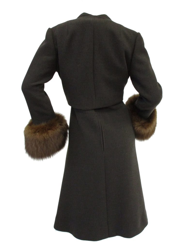 1960s Pauline Trigere Grey Wool Suit with Fox Fur Cuff & Rhinestone Details
