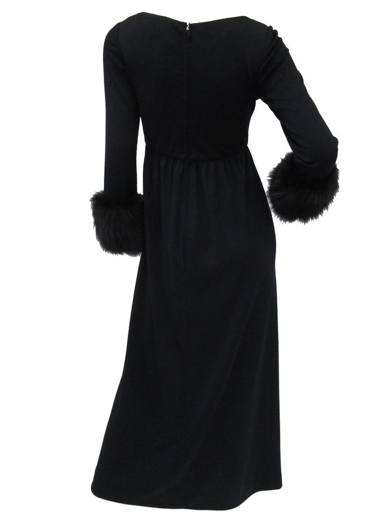 1960s Victoria Royal Black Knit Dress and Vest Ensemble with Fox Hem and Cuff