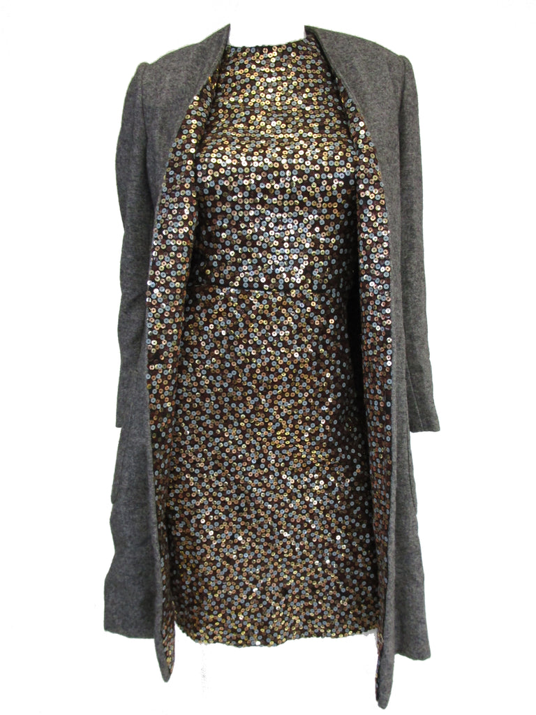 1960s Bill Blass Grey and Gold Sequin Dress with Sequin Lined Jacket XXS
