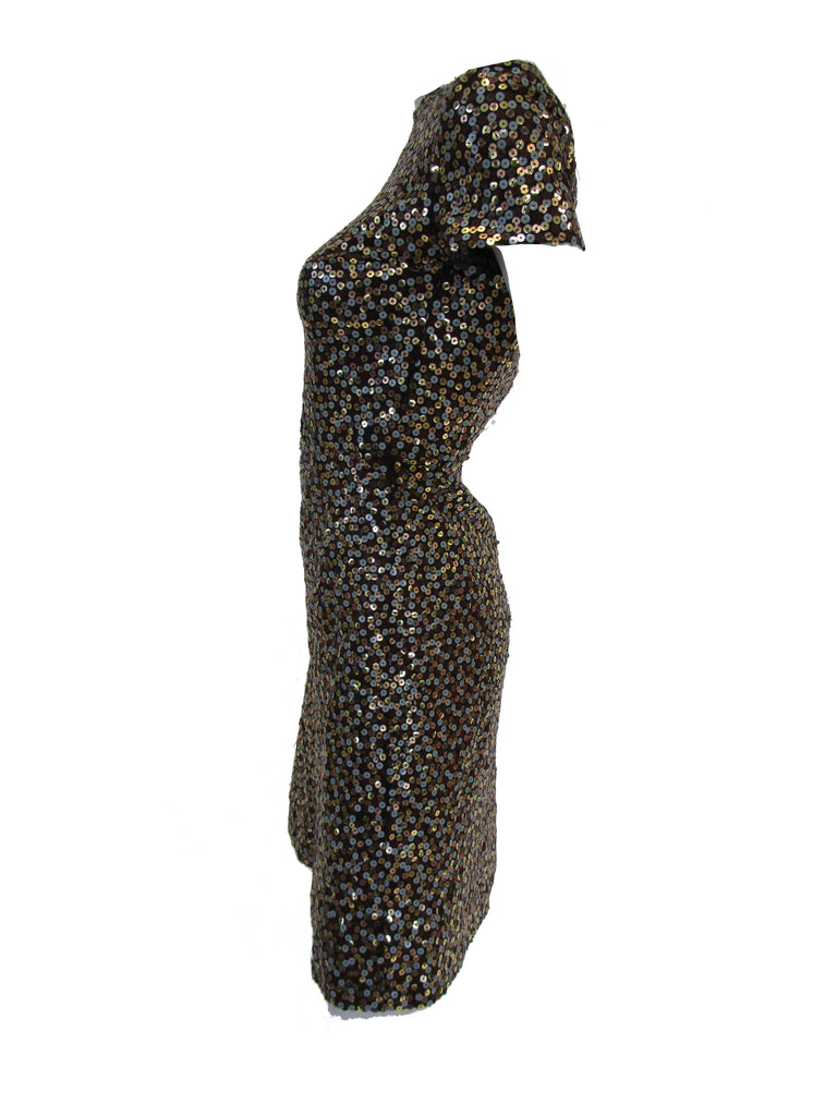 1960s Bill Blass Grey and Gold Sequin Dress with Sequin Lined Jacket XXS