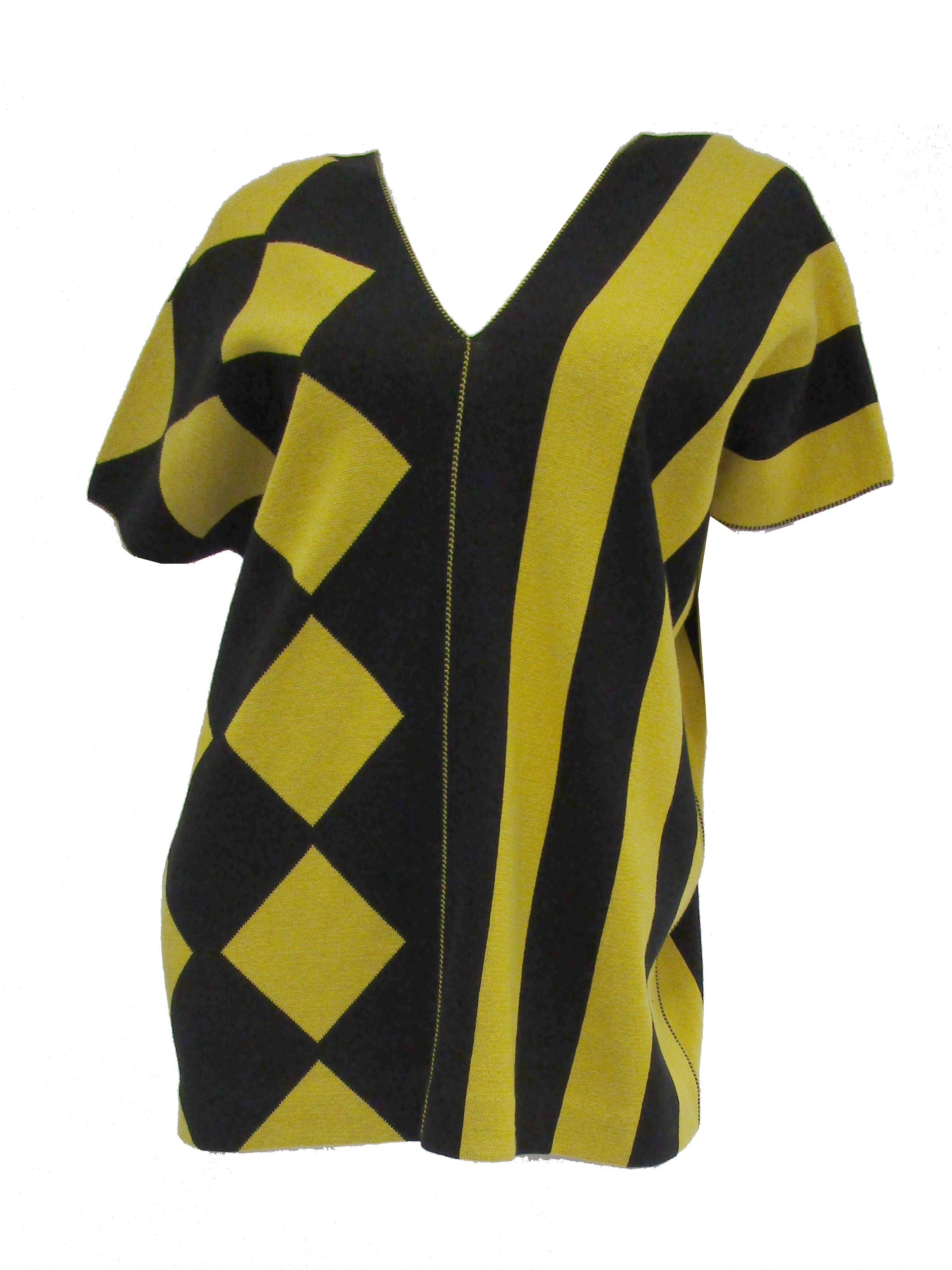 s Issey Miyake Yellow and Black Diamond and Stripe Cotton Knit Top