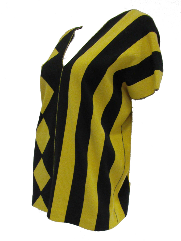 1980s Issey Miyake Yellow and Black Diamond and Stripe Cotton Knit Top