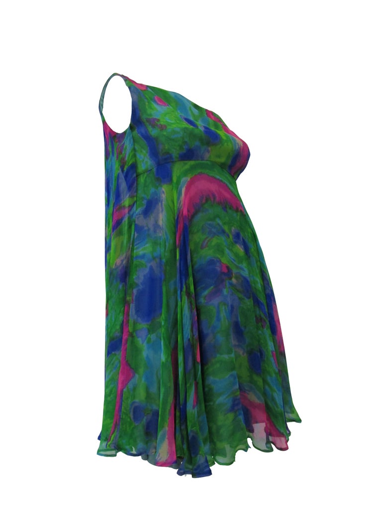 1960s Psychedelic Jerry Silverman Silk Low Back Mini Dress with Organza Overlay