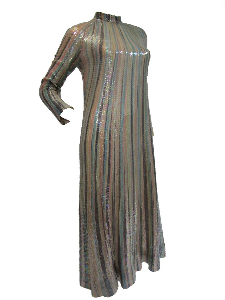 Iconic 1970s Halston Pastel Striped Silk Maxi Dress w/ Sequins Iconic 1970s Halston Pastel Striped Silk Maxi Dress w/ Sequins