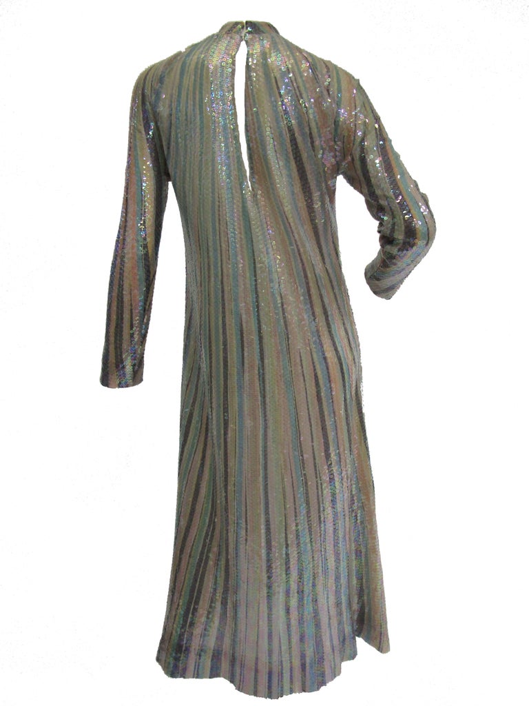 Iconic 1970s Halston Pastel Striped Silk Maxi Dress W/ Sequins