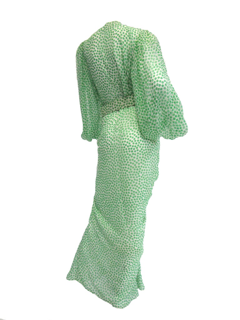 1990s Oscar de la Renta Green & White Silk Polka Dot Dress