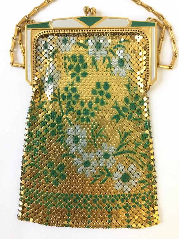 1920s Whiting and Davis Floral Enamel Gold Art Deco Mesh Purse