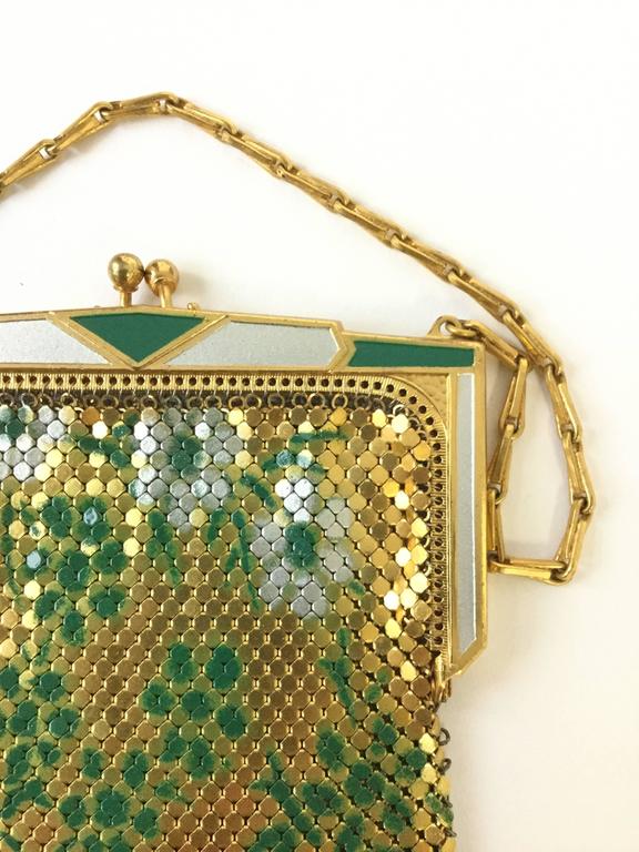 1920s Whiting and Davis Floral Enamel Gold Art Deco Mesh Purse