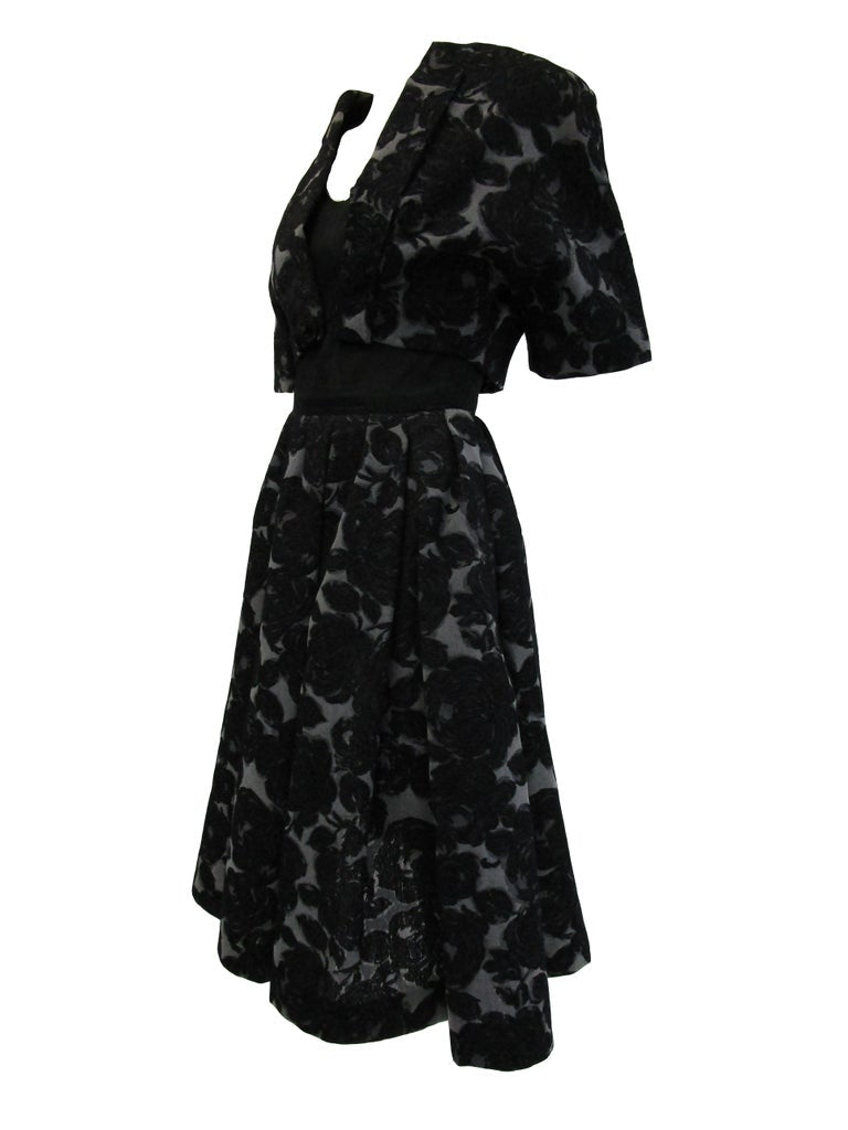 Rare 1950s Madame Gres licensed Black & Grey Embroidered Dress w/ Bolero Jacket