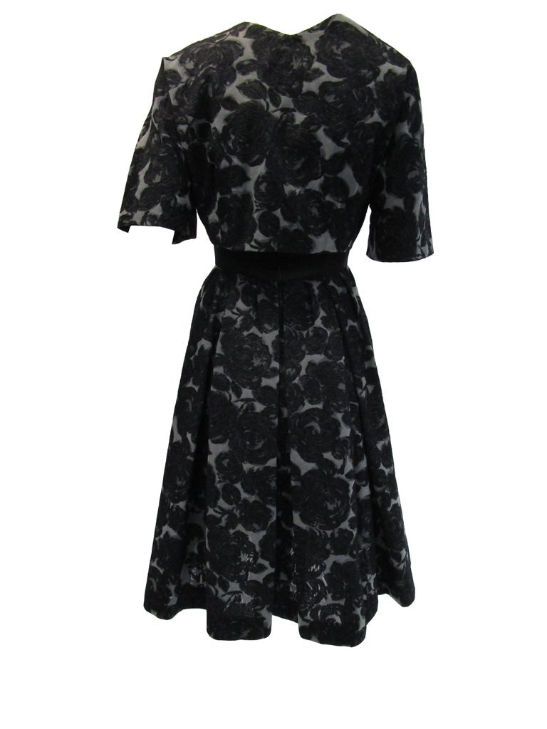 Rare 1950s Madame Gres licensed Black & Grey Embroidered Dress w/ Bolero Jacket Rare 1950s Madame Gres licensed Black & Grey Embroidered Dress w/ Bolero Jacket