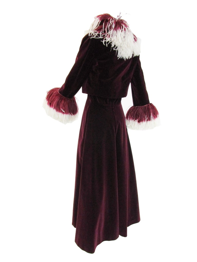 Rare 1960s Jean Louis Couture Wine Velvet Evening Ensemble w/ Ombre Feathers