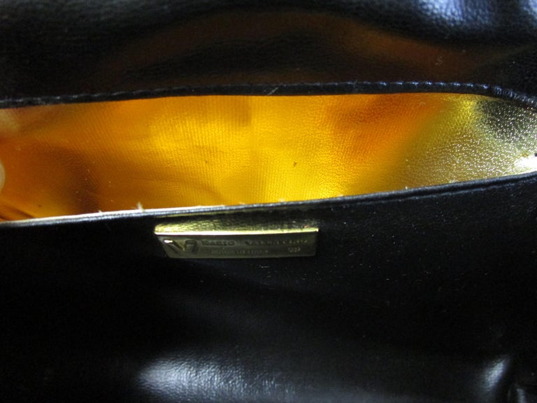 Rare 1970s Mario Valentino Black Glazed Wicker Clutch W/ Gold Logo Accent