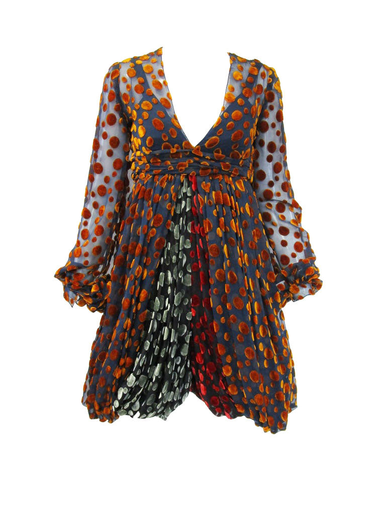 1970s Cardinali Multi-Colored Burnout Velvet Polka Dot Romper
