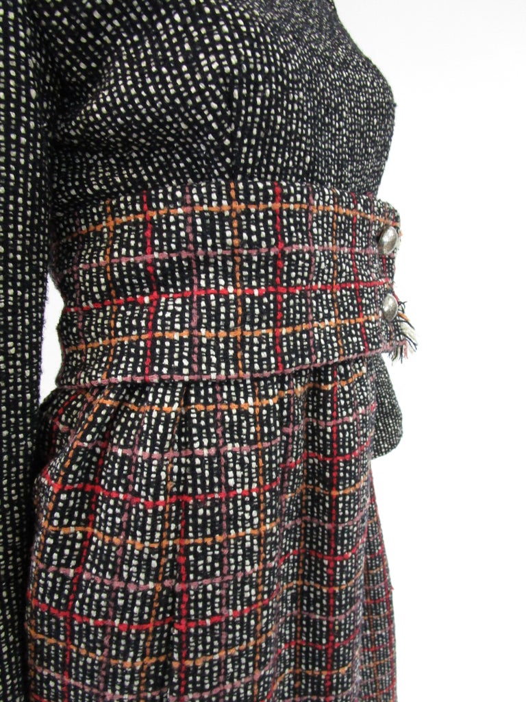 1960s Chester Weinberg Black and White Tweed Fringe Maxi Dress 1960s Chester Weinberg Black and White Tweed Fringe Maxi Dress