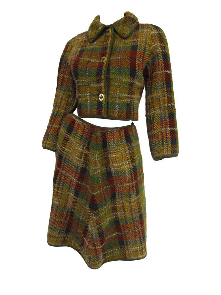 1960s Bonnie Cashin Polychromatic Wool, Suede, and Brass Skirt Suit