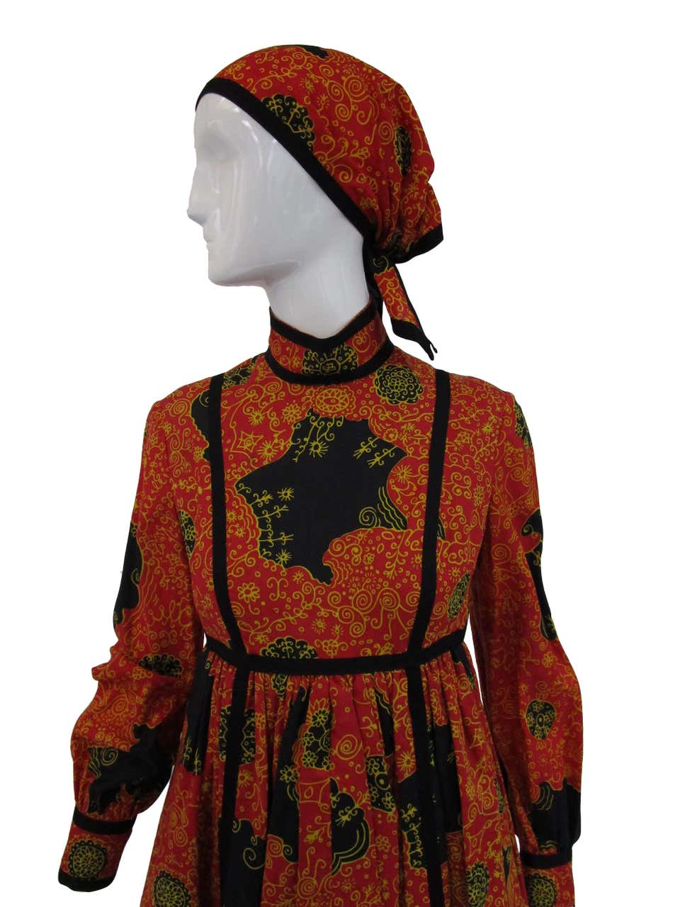 1960s Geoffrey Beene Decorative Printed Maxi Dress w Head Scarf