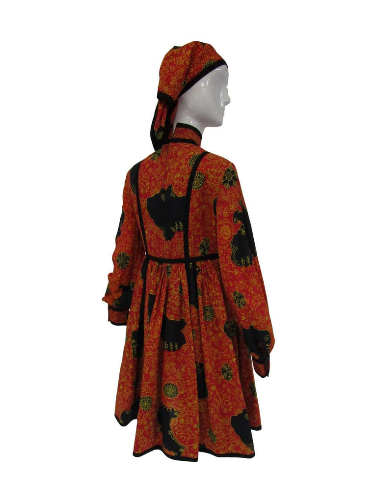 1960s Geoffrey Beene Decorative Printed Maxi Dress w Head Scarf
