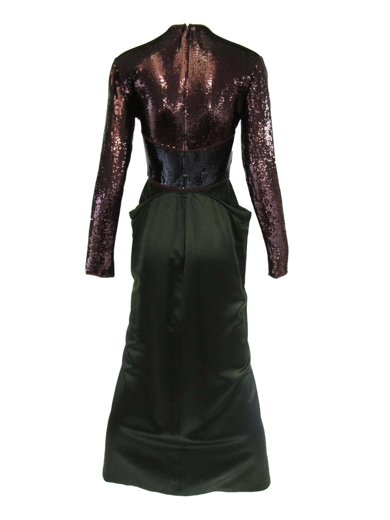 1990s Geoffrey Beene Burgundy and Green Satin Sequined Cocktail Dress