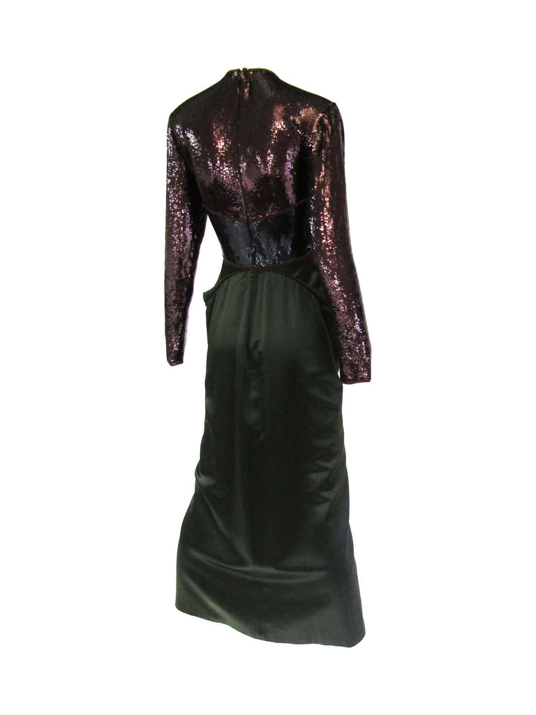 1990s Geoffrey Beene Burgundy and Green Satin Sequined Cocktail Dress