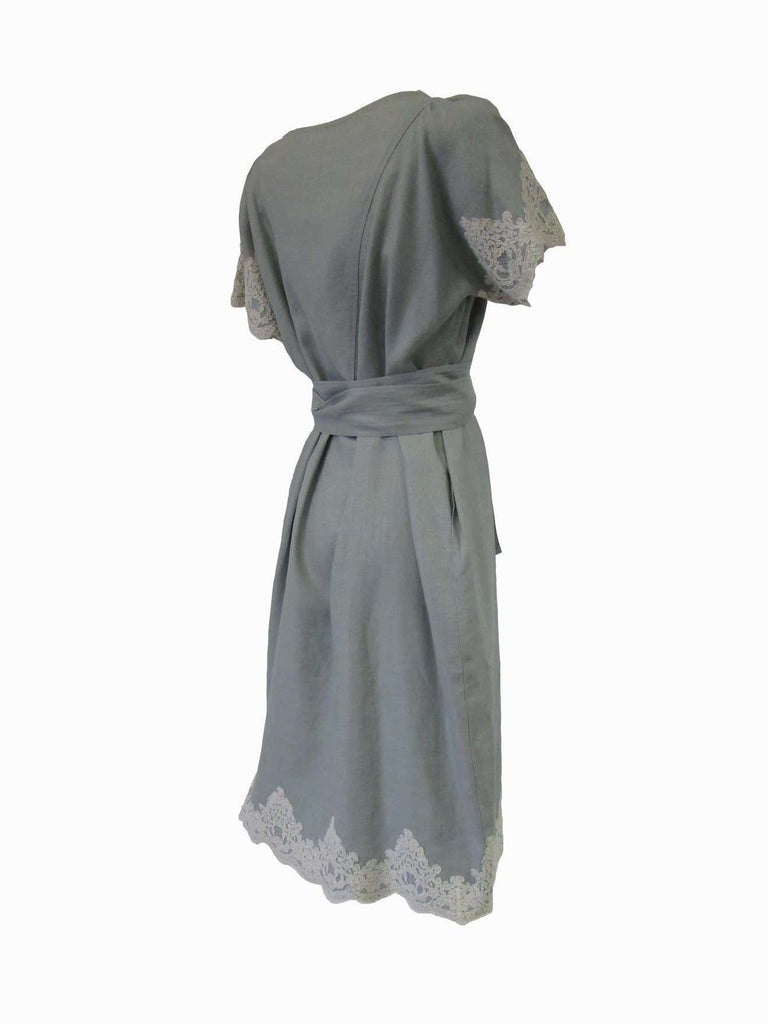 1980s Geoffrey Beene Slate Blue Linen & Lace Dress
