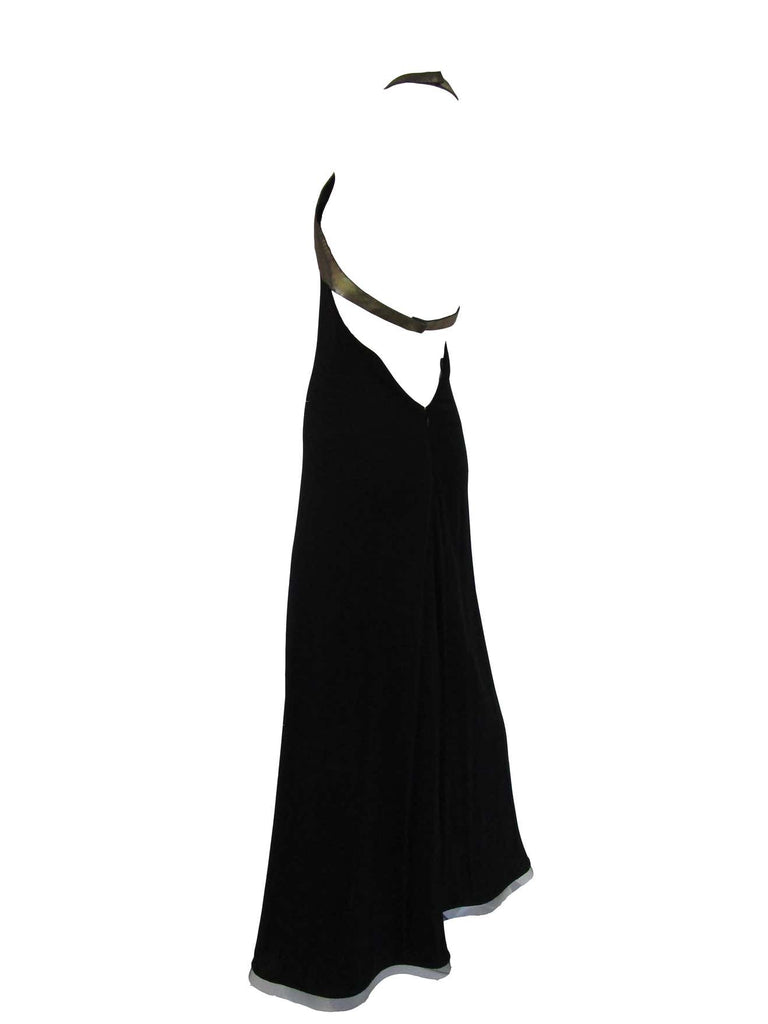 1980s Geoffrey Beene Silk Knit Gold and Black Halter Evening Dress