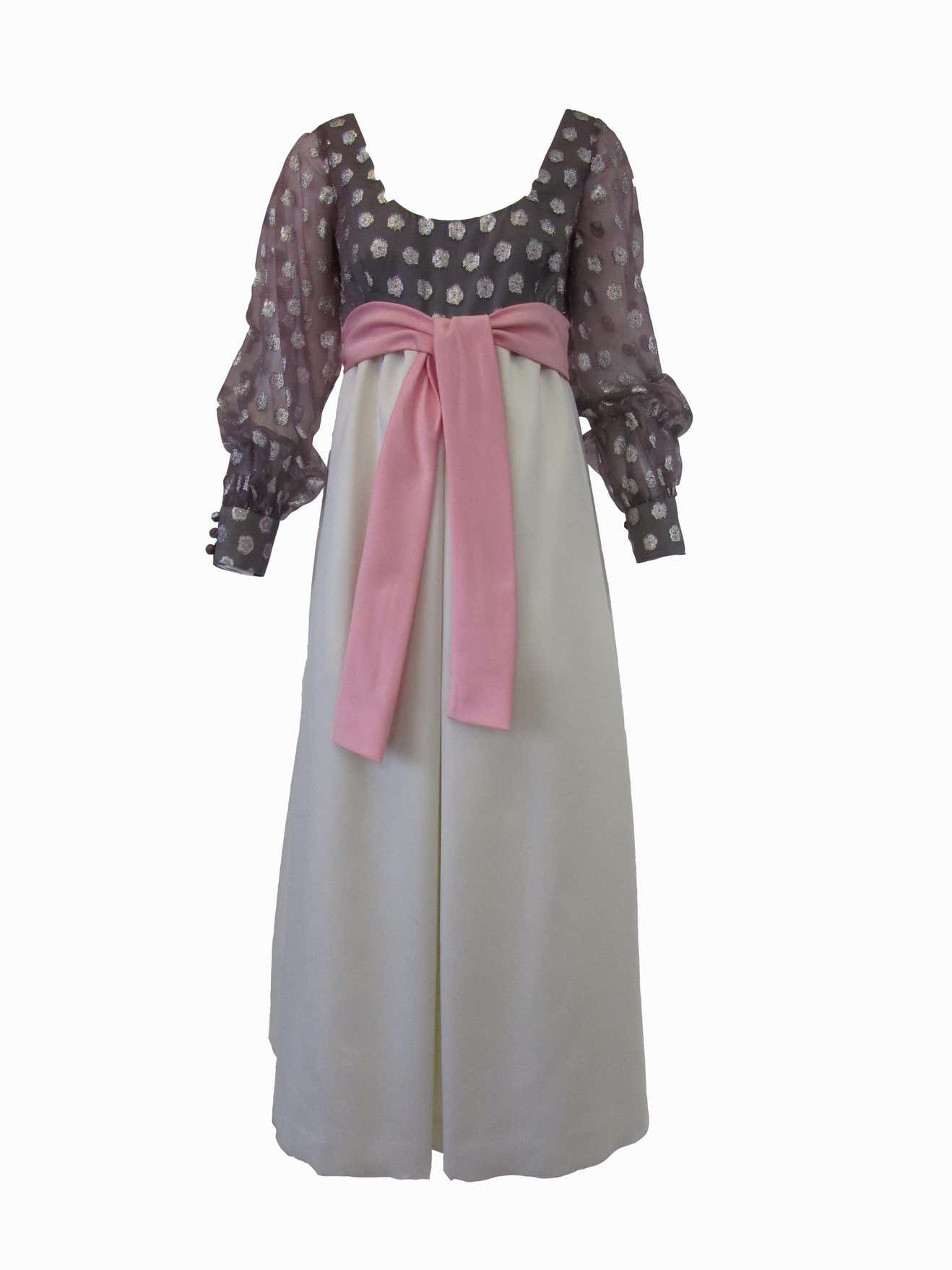 1960s Geoffrey Beene Purple, Pink and Cream Silk Gown with Silver Polka Dots 1960s Geoffrey Beene Purple, Pink and Cream Silk Gown with Silver Polka Dots