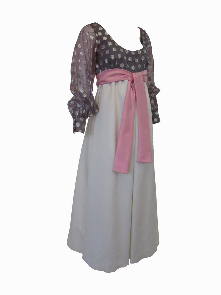 1960s Geoffrey Beene Purple, Pink and Cream Silk Gown with Silver Polka Dots