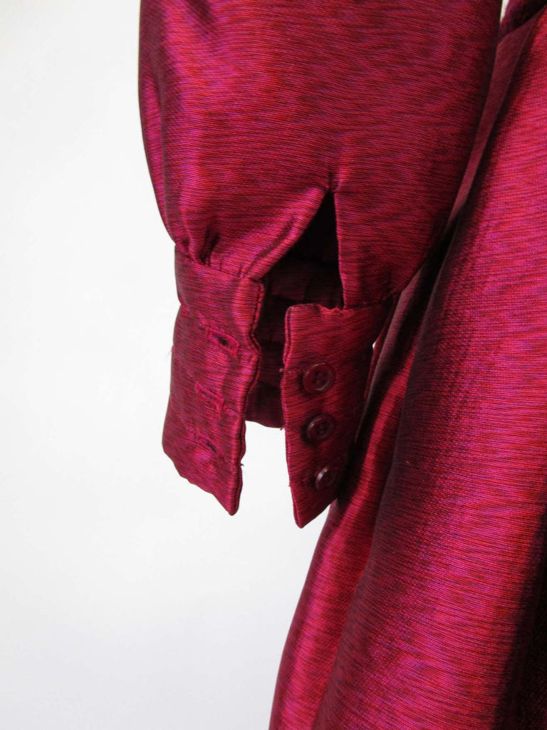 1970s Geoffrey Beene Raspberry Iridescent Silk Evening Dress W/ Pom-pom Belt