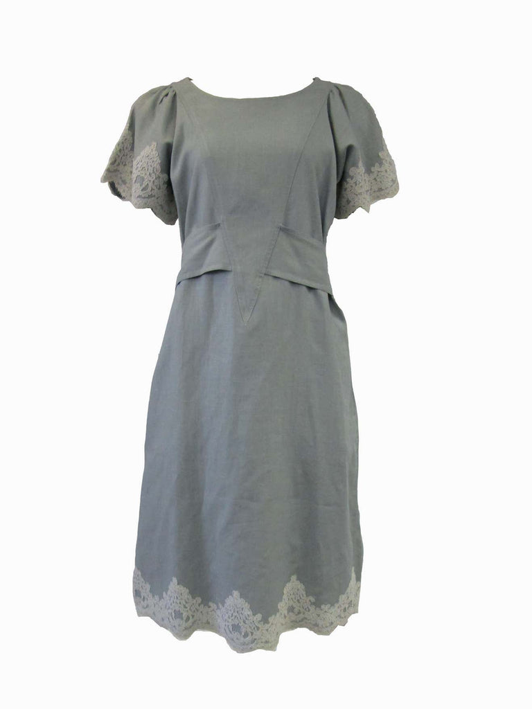 1980s Geoffrey Beene Slate Blue Linen & Lace Dress