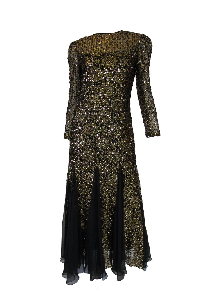 1980s Richilene Black and Gold Sequined Evening Dress - MRS Couture 1980s Richilene Black and Gold Sequined Evening Dress - MRS Couture