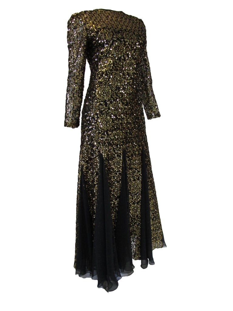 1980s Richilene Black and Gold Sequined Evening Dress