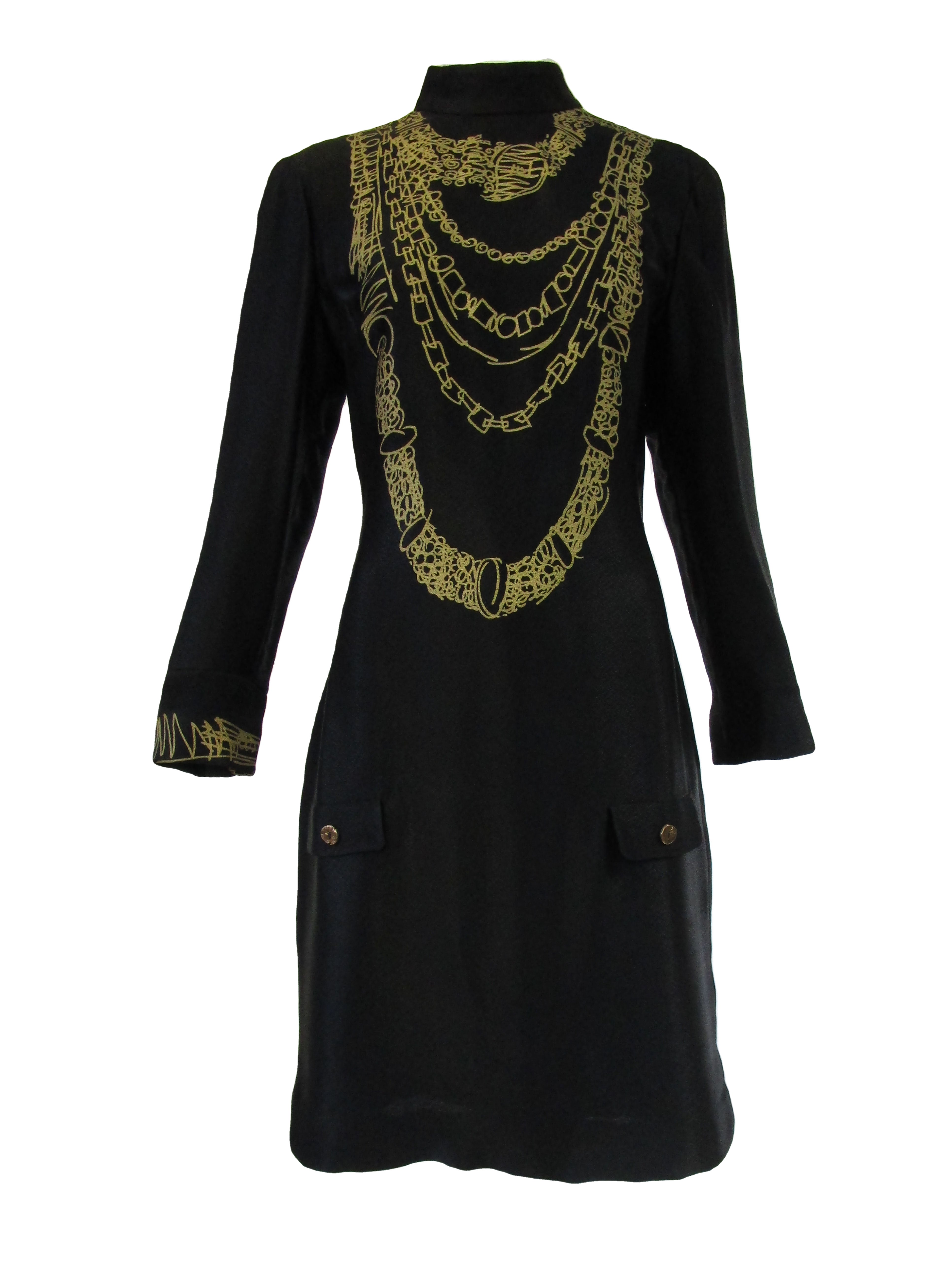 1990s Zandra Rhodes Black Silk Evening Dress With Gold Chain Print 1990s Zandra Rhodes Black Silk Evening Dress With Gold Chain Print